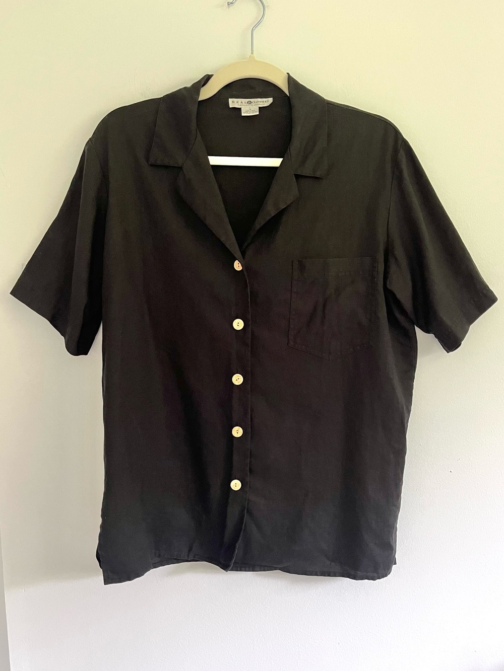 Vintage Saks Fifth Avenue 100% Linen Black Wood Button Up Short Sleeve Blouse S